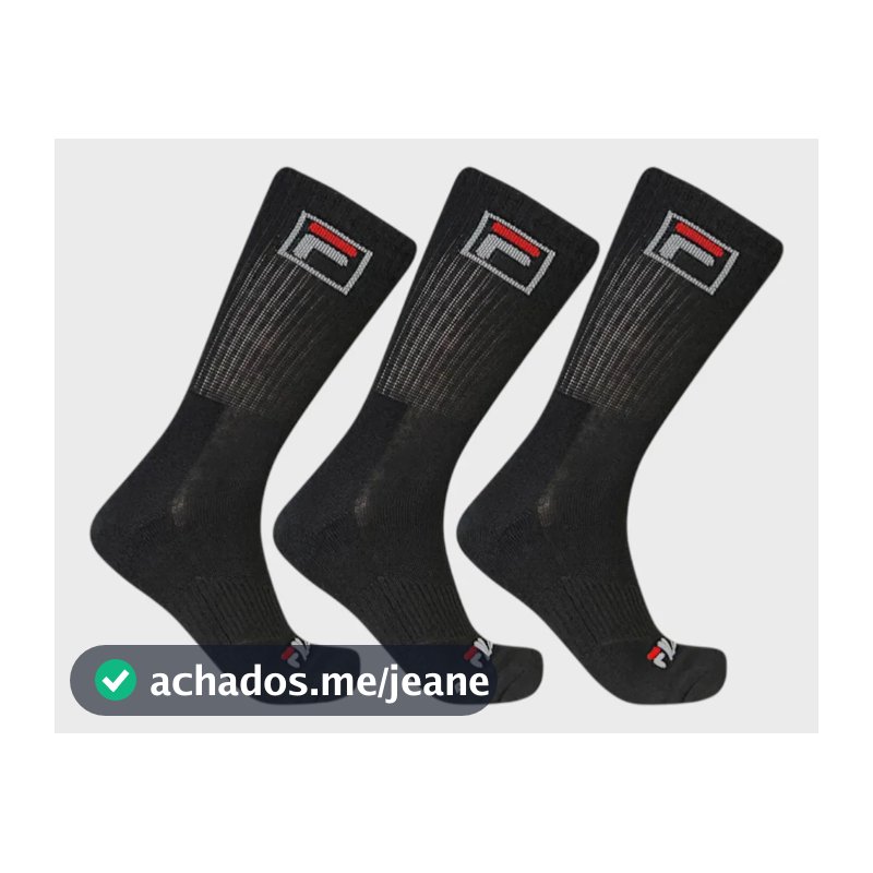 Kit Meias Esportivas Fila Cano Alto Fbox Unissex Tripack 3 Pretas Logo 39-43