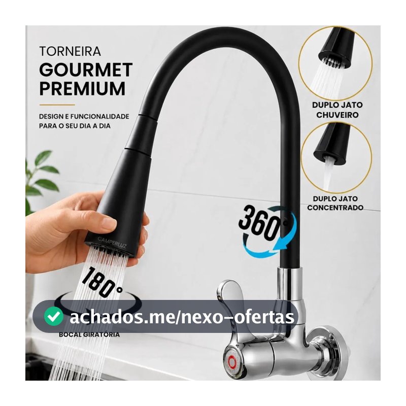 Torneira Gourmet Luxo Flexível Cozinha Parede 2 Jatos Pia Metal Cor Aço Inox e Preto- Marca Camperluz