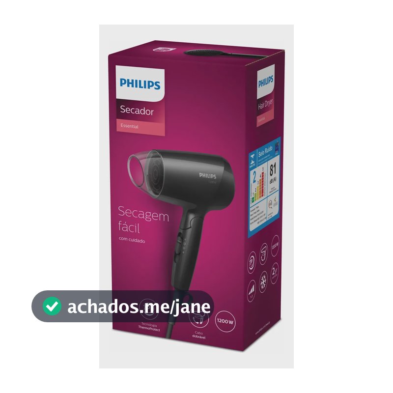 Philips Secador de Cabelo Essential 1200W Compacto com ThermoProtect Secagem prática e suave | Cabo dobrável para viagem | 3 ajustes de secagem | BHC010/81