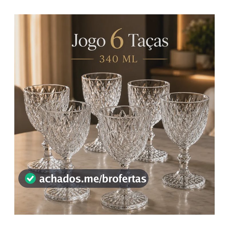 Jogo 6 Taças De Vidro Diamond 340 ml Com Pé Lapidadas Transparentes Textura Diamante Em Relevo Para Vinho Água Suco Espumante Champanhe Gin E Drinks Kit Conjunto Cálice De Vidro Lapidado 6 Unidades