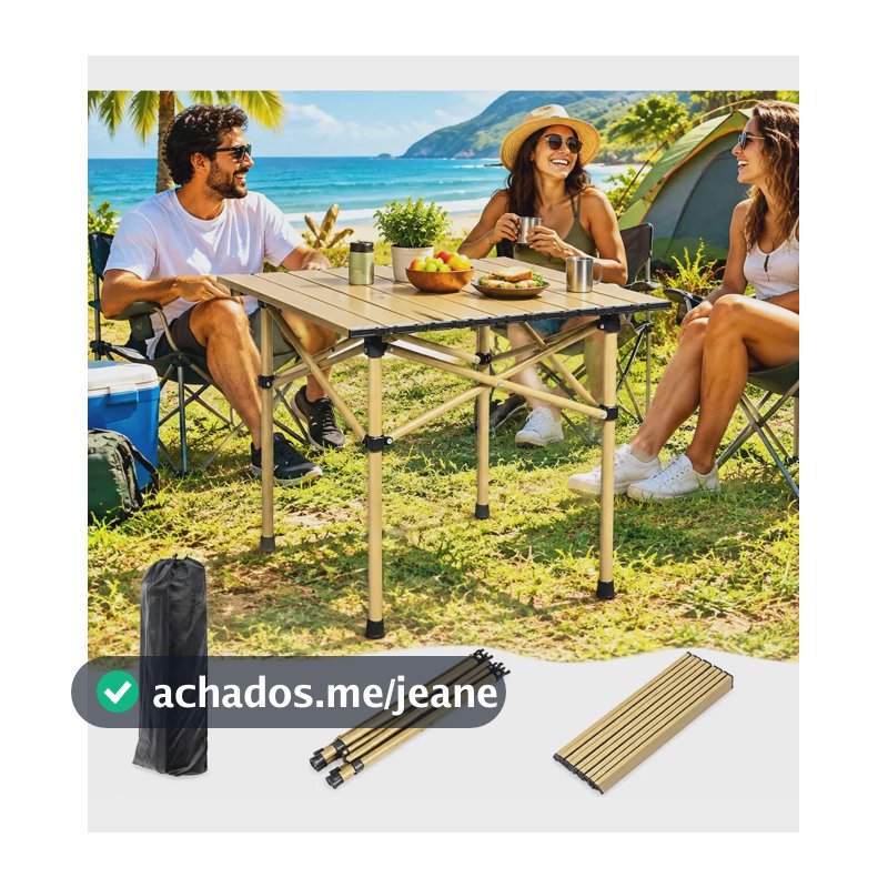 Mesa Dobrável Camping Portátil Alumínio Leve C/ Bolsa Praia Cáqui
