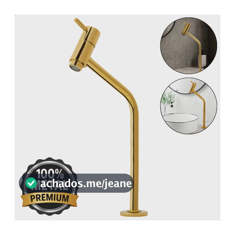 Torneira Para Pia Banheiro Bica Alta Lavatório Toda em Metal Inox Dourado Gold Brilhante Mesa Bancada Água Fria Bico Arejador Luxo 1/4 de Volta Moderna Boa - SOFTINOX