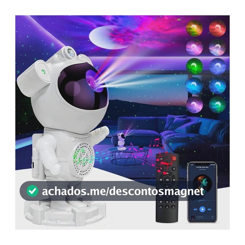 Projetor Astronauta para Teto Galáxia com Caixa de Som Bluetooth e Luz Noturna LED