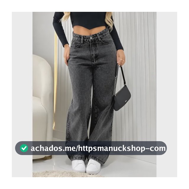 Calça Jeans Wide Leg Feminina Cintura Alta Pantalona Preto Black Marmo Liso 42