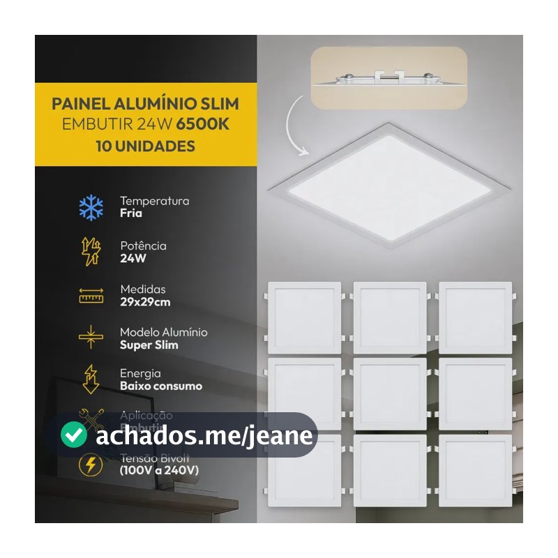 Kit 10 Painel Led Plafon Aluminio Embutir 24w 6500K Branco Frio 29x29Cm Quadrado Cod: ALUT190075-10 Alut By Avant