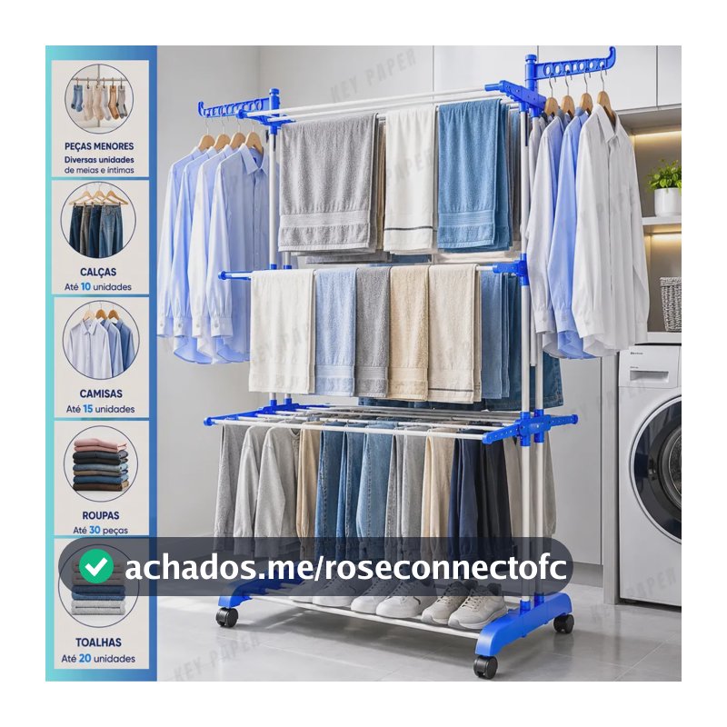 Varal De Chão Grande 3 Andares Retrátil Dobrável Com Rodinhas Roupas Lavanderia Compacto Portátil Cor Azul MARCA: KEY PAPER