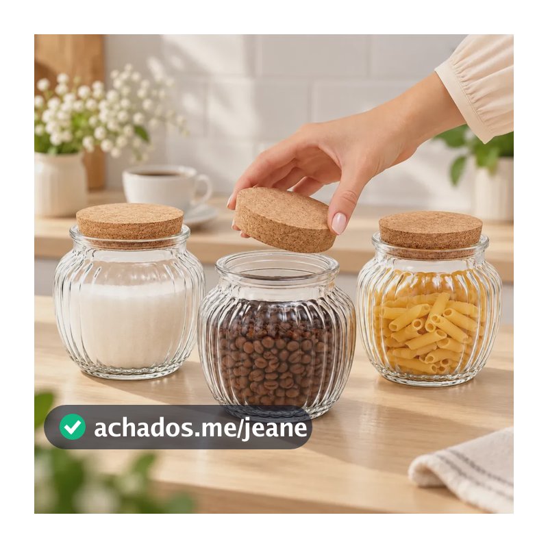 Jogo 3  Potes De Vidro Classic Com Tampa De Rolha 600 Ml Transparente