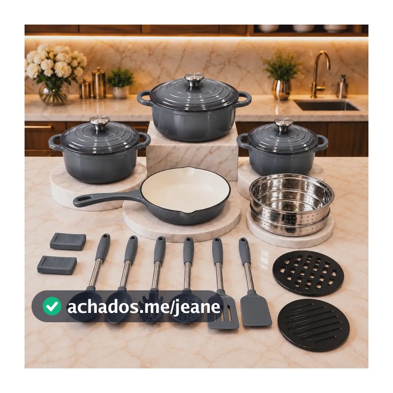 Kit Panelas Ferro Fundido 18 Peças Antiaderente Esmaltada Cinza