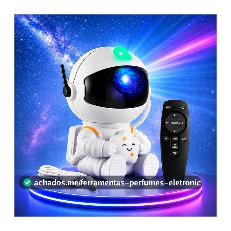 Luminária Astronauta Projetor Led Infantil Galáxia Estrela Branco Robo Robozinho Luz Colorida Céu Teto Abajur De Mesa Cupula Decorativa Para Quarto Rgb Noturna Bivolt Portatil Lua Art Light