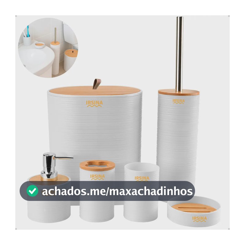 Kit Banheiro Conjunto De Acessórios Moderno Bambu Lixeira Saboneteira Escova Cor Branco Irsina