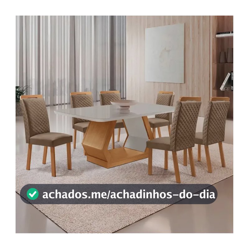 Mesa Jantar Alvorada 180cm Mdf Vidro Copo 6 Cadeiras Lorena Veludo Capuccino/nat/off/serig. Off