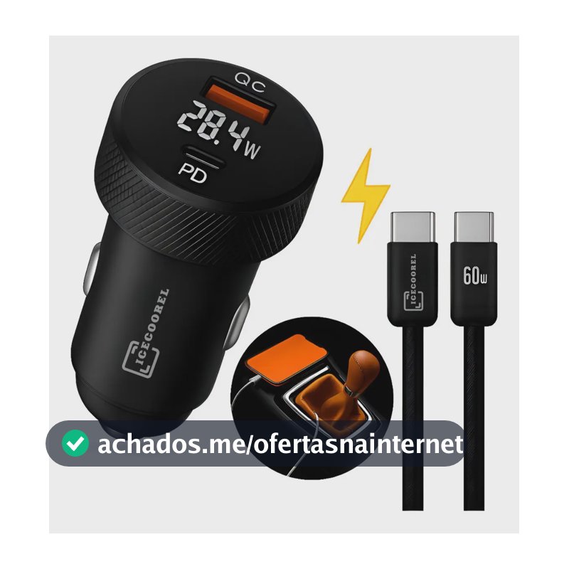 Kit Carregador Veicular Turbo 60w Usb-c Automotivo Carro Usb Compatível Com iPhone Android Tomada Carro Voltímetro Display Led Cinzeiro Extensao Saídas Preto Ice Coorel