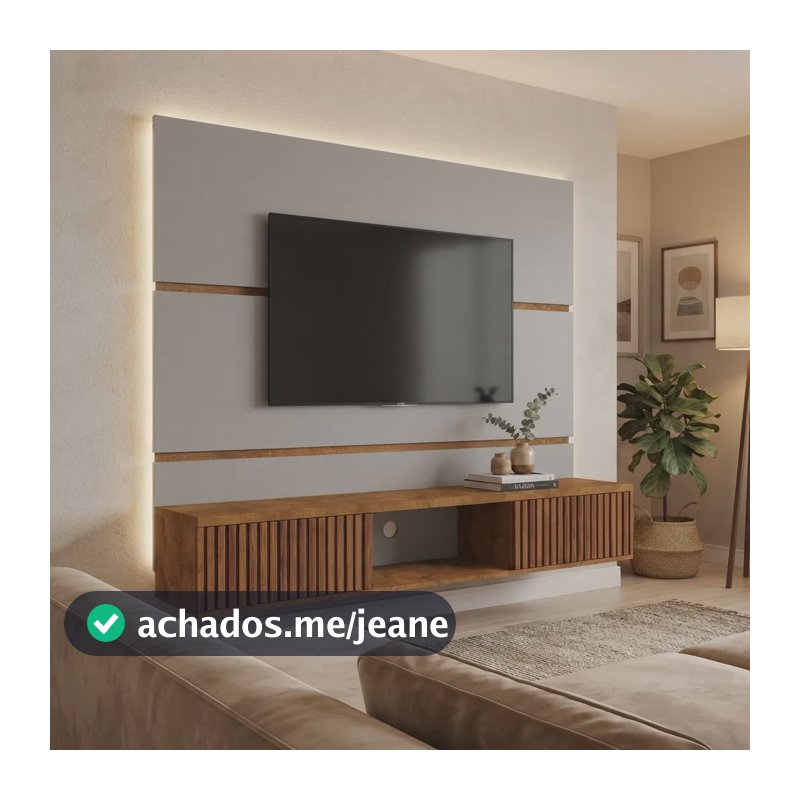 Painel Tv 65 Polegadas Bechara Âmbar Moderno 2 Portas Design Off-white/naturalle/ripado