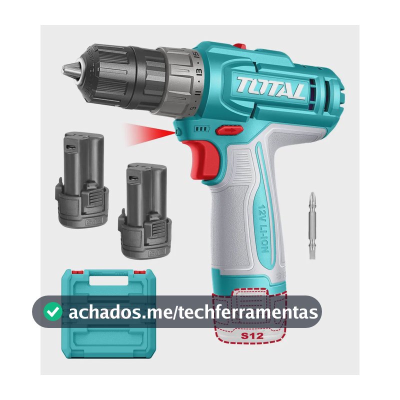 Furadeira sem fio total de 12 V, mandril de 10 mm e 20 nm - Com 2 baterias de íon de lítio de 1,5 ah com porta de carregamento USB tipo C e estojo de plástico - Tdli12206