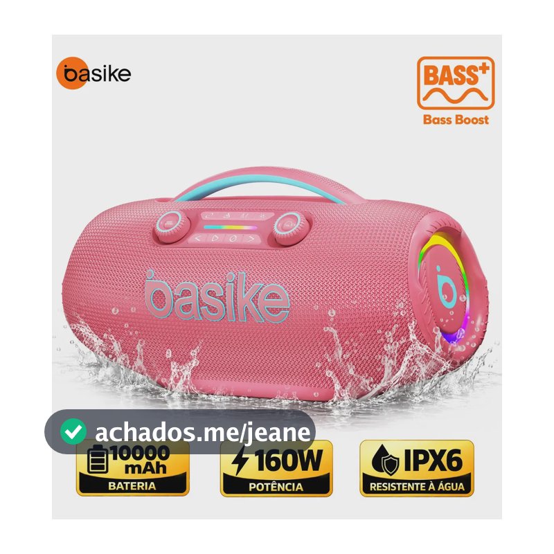 Caixa de Som Basike Boombox 160W RMS IPX6 RGB Bluetooth 5.3 TWS Bass Boost Bateria 10000mAh 12h FM USB TF Estéreo Hi-Fi Churrasco Praia Camping Festa Portátil