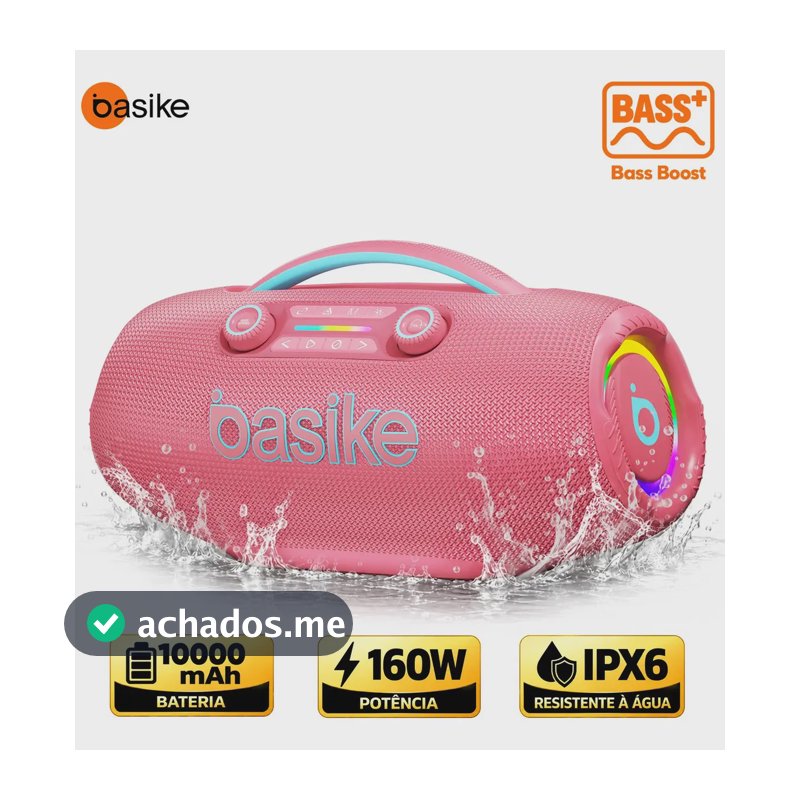 Caixa de Som Basike Boombox 160W RMS IPX6 RGB Bluetooth 5.3 TWS Bass Boost Bateria 10000mAh 12h FM USB TF Estéreo Hi-Fi Churrasco Praia Camping Festa Portátil