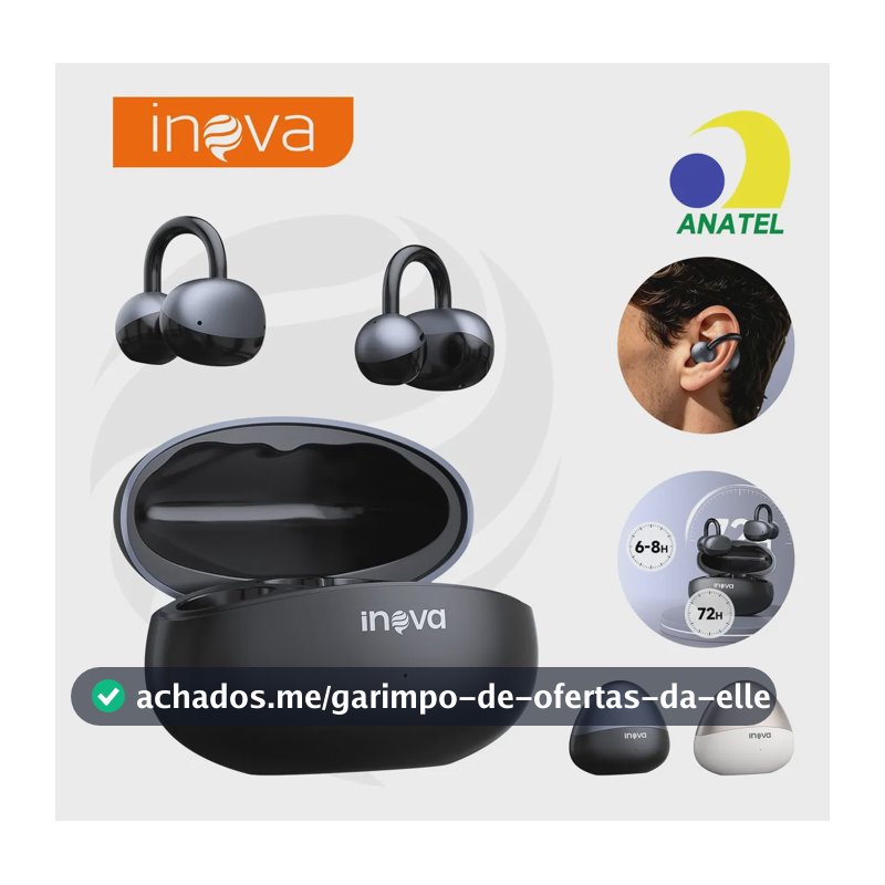 Fone de Ouvido Inova FON-13025E Tipo Clip Orelha Preto, Bluetooth, IPX6, para Esporte