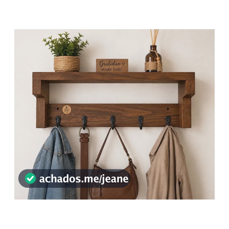 Cabideiro De Parede Com Prateleira Oganizadora Decorativa Verniz Nogueira