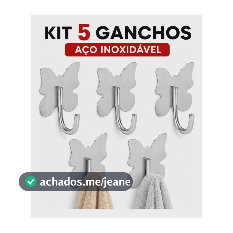 Kit 5 De Ganchos Adesivos Autoadesivo Escovado Inox 304 Estampa De Borboleta Para Banheiro,cozinha,suporte Para Toalhas,roupas,instalação Sem Furos Com Fixação Segura Em Superfícies Lisas Premium