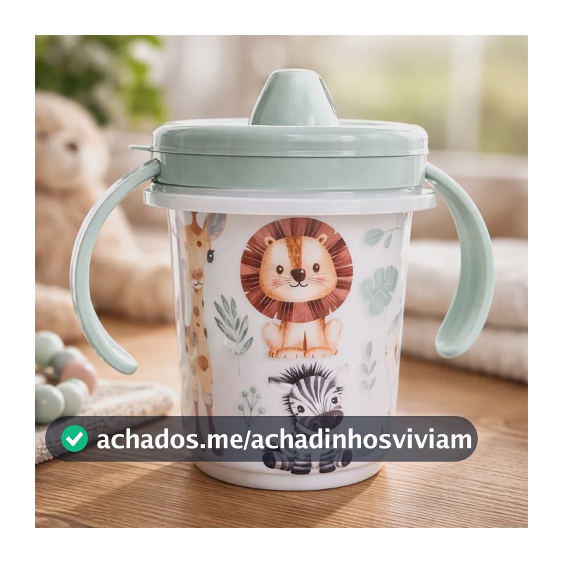 Copo Infantil Treinamento Divertido Com Bico Tampa Alça  Verde-claro Safari
