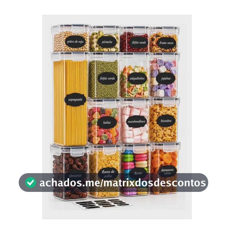 Kit 15 Potes Herméticos Empilháveis Quadrados para Mantimentos e Organização da Cozinha com Tampa e Vedação de Silicone Branco Shokki
