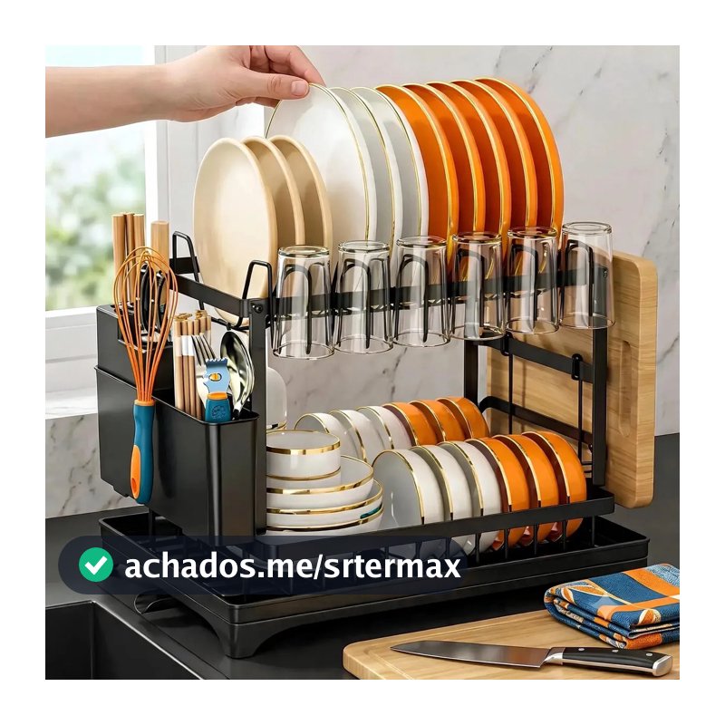 Escorredor De Louça Inoxidável 2 Andares Drenagem Automática Bandeja Grande 360o Organizador Pia Com Porta Pratos Tigelas Talheres Copos Sensacional