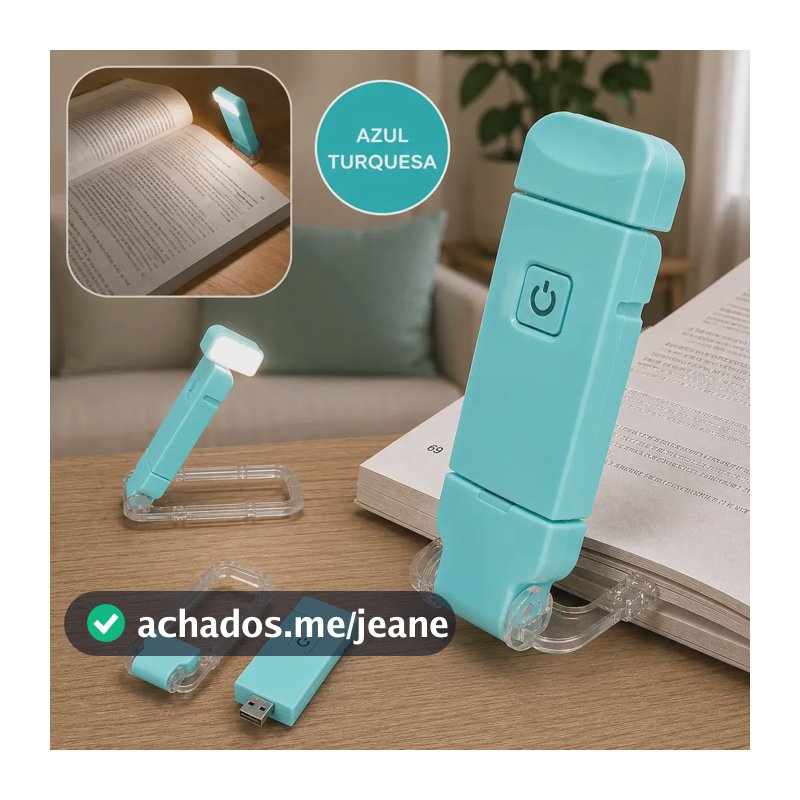 Luminária Luz Led De Leitura Noturna Cor Azul Turquesa Para Livro Recarregavel Usb Com Clipe Alínea