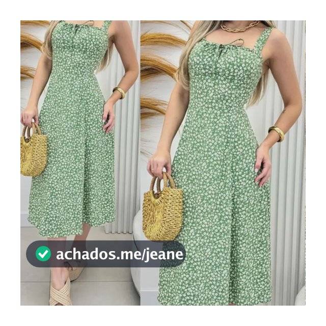 Vestido Midi Com Fenda Lateral Moda Verão Verde Florido M
