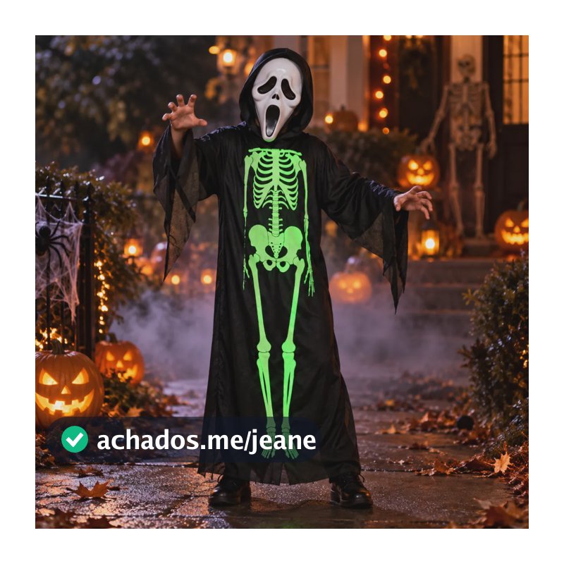 Fantasia Infantil Caveira Esqueleto Máscara Pânico Halloween Preto Único