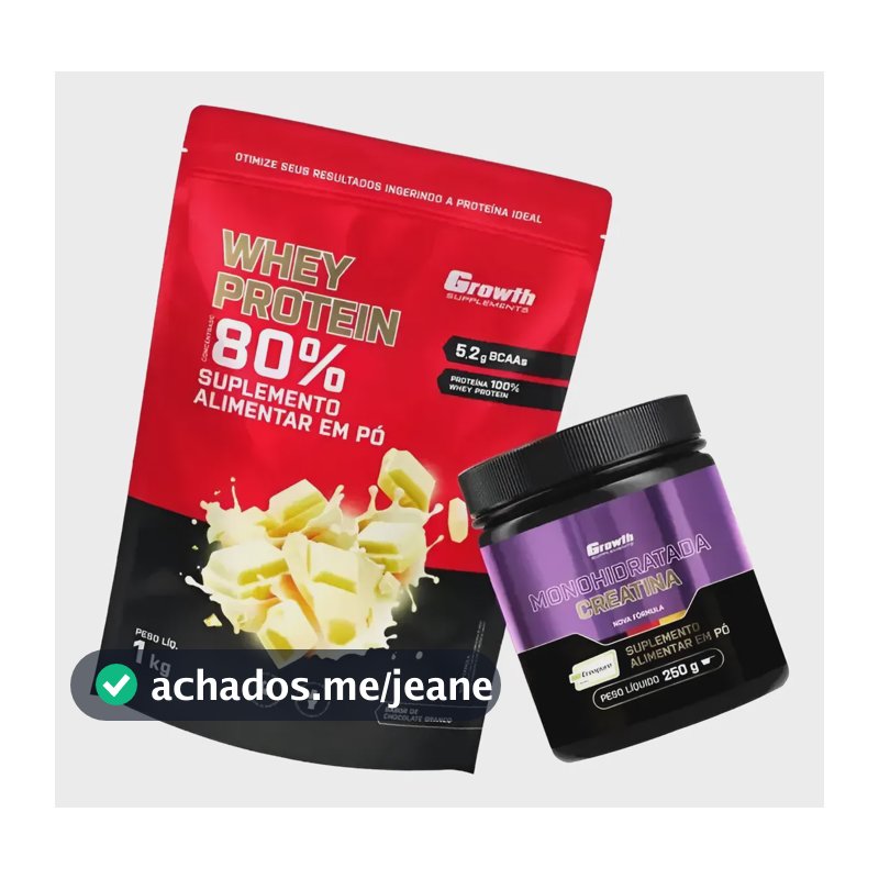 Kit Growth: Whey Concentrado Chocolate Branco 1kg + Creatina Creapure Sem Sabor 250g
