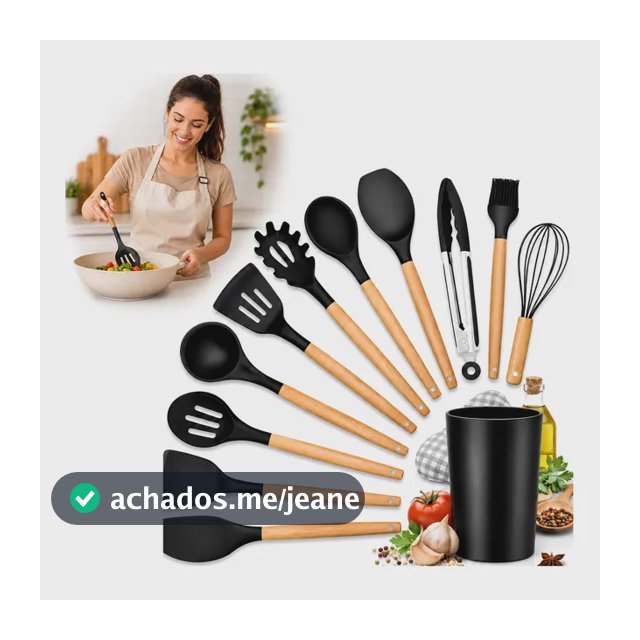 Kit Utensilios Cozinha Silicone Madeira 12 Pcs Preto