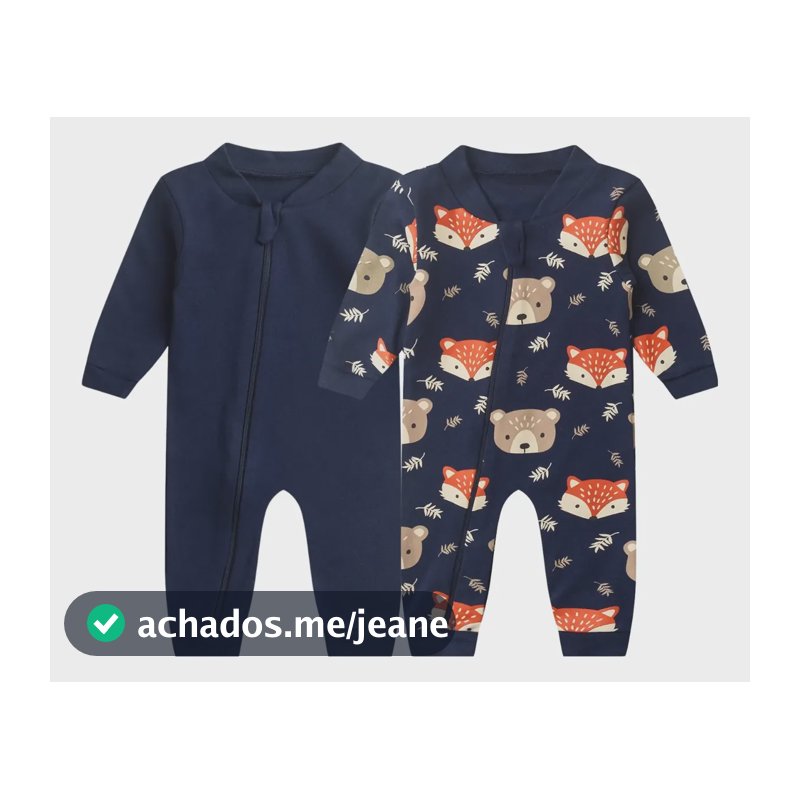 Kit 2 Macacão Sem Pé Zíper Frontal Suedine Liso E Estampado Azul-marinho M