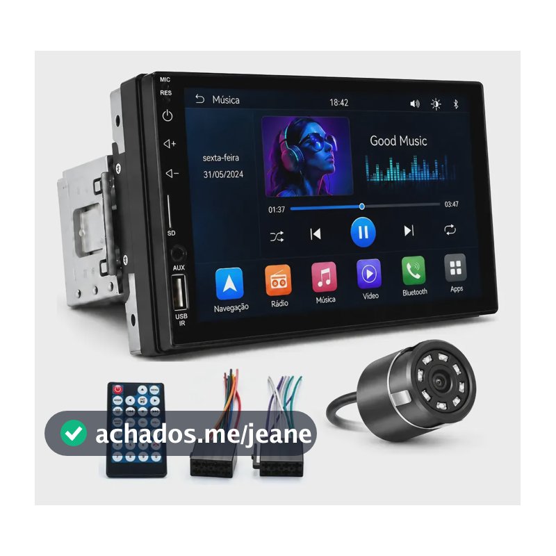 Central Multimídia Universal Mp5 7' P Touch + Câmera Ré Kit Multimidia 1 Din