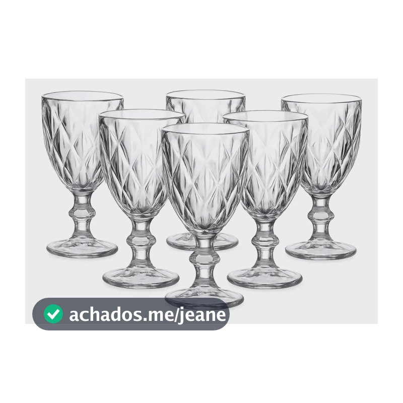 Kit com 6 Taças Diamante Real Lar de Vidro Resistente para Vinho 340mL