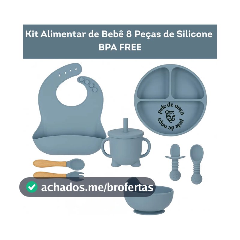 Kit Alimentar Bebê 8 Un Copo Prato Babador Silicone Bpa Free Cor Azul