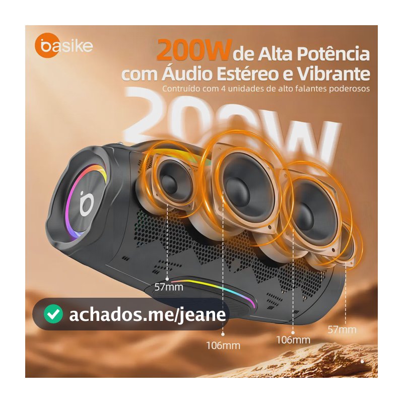 Caixa De Som Bluetooth Basike 200W Portátil Boombox 13.5 Pol TWS Bass Boost IPX6 Bateria 20000mAh RGB Para Festa Preto