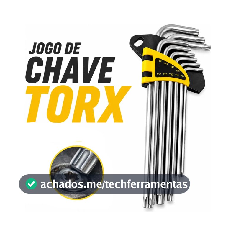 Jogo Chave Torx Estrela Longa Profissional 9 Peças T10 A T50 Com Furo Guia Tipo L Grande