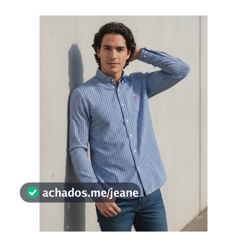 Camisa Social Ralph Xadrez Manga Longa Masculina Classic Fit Azul G
