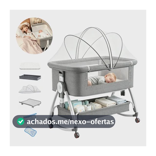 Berço Portátil Moisés Bebê Regulável Balanço Com Mosquiteiro Cinza
