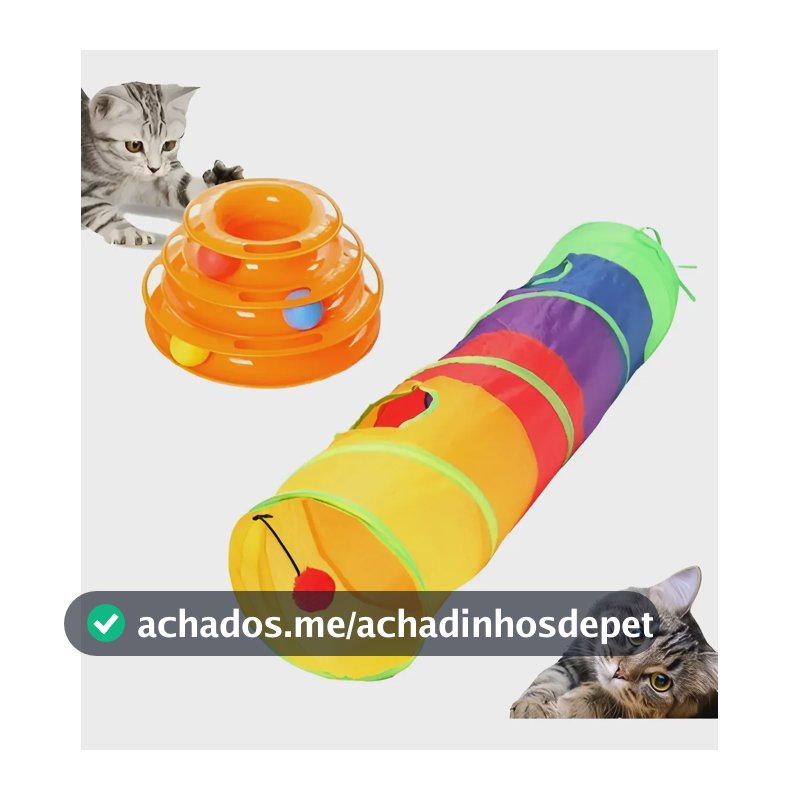 2 Brinquedo Interativo Gato Torre + Tunel Labirinto Pet Bola Colorido
