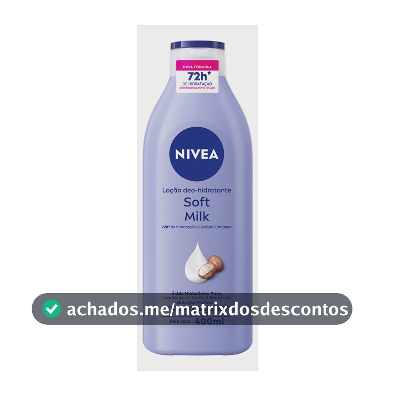 NIVEA Loção Deo-Hidratante Soft Milk 400ml, Hidratação Profunda 72h, Hialurônico Puro, Corporal, Pele Seca