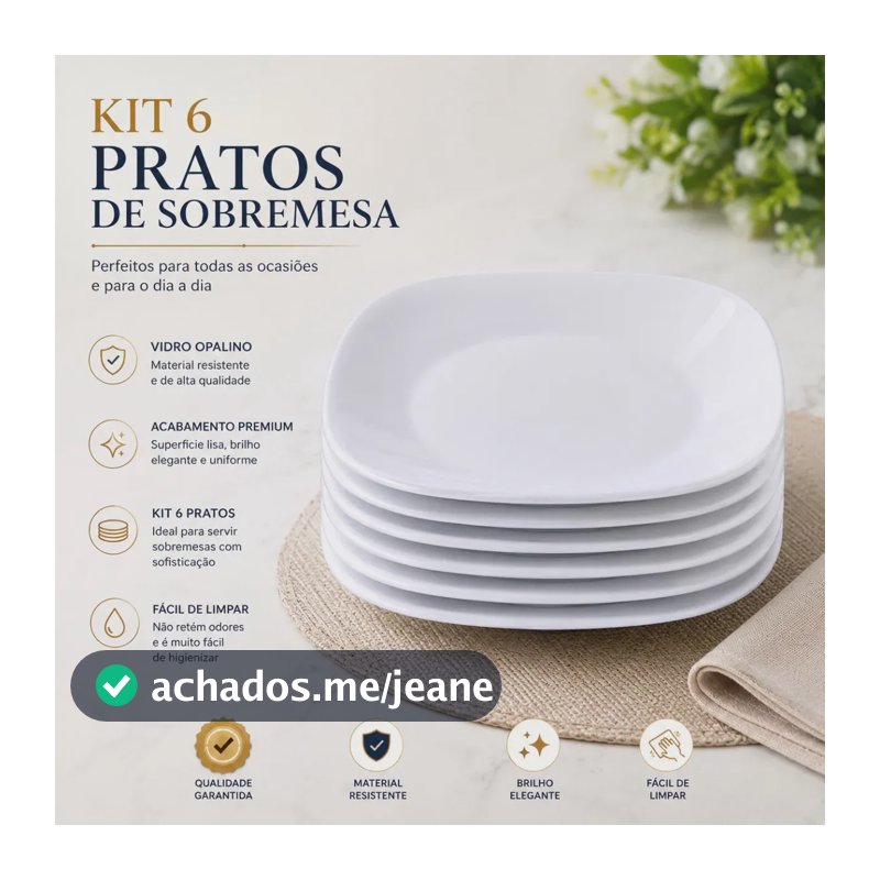 Jogo 6 Pratos de Sobremesa Raso em Vidro Branco Quadrado 21cm Mesa Posta Decoração Cozinha Elegante Resistente e Prático