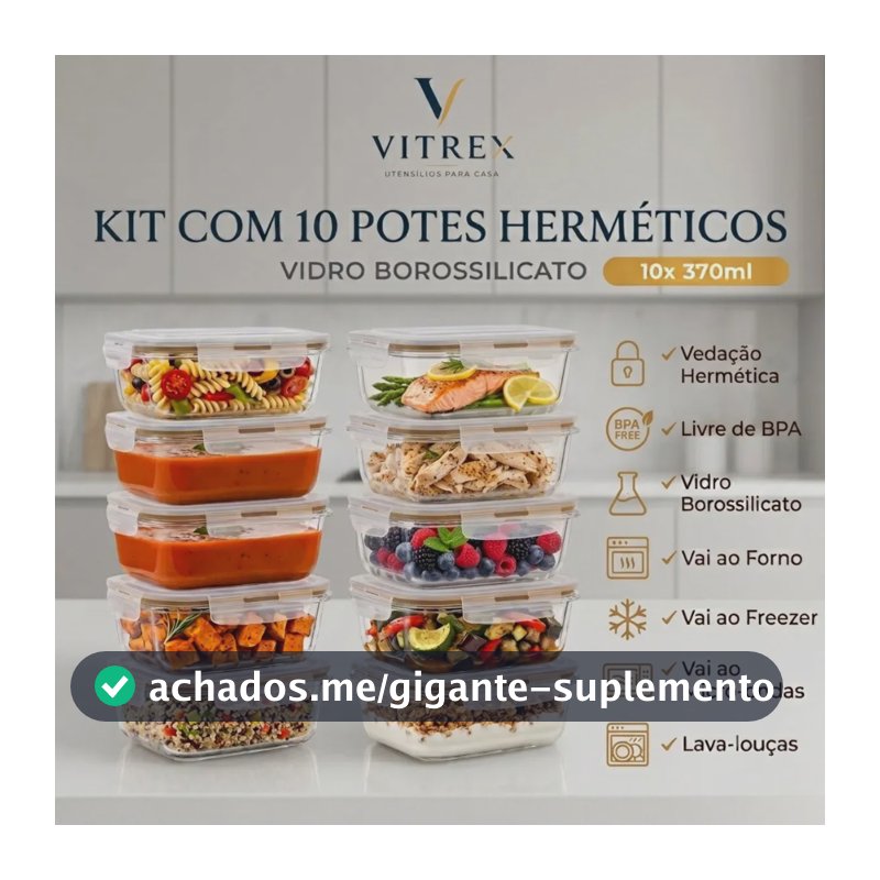 Kit 10 Pote De Vidro Marmita Hermético 370ml Freezer Vitrex
