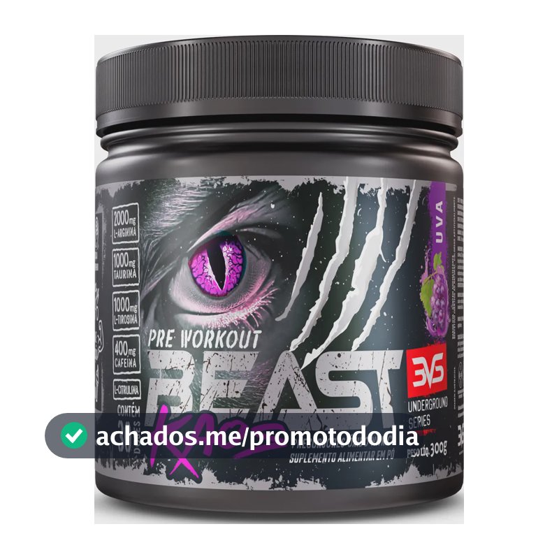 PRÉ TREINO BEAST KAOS 300g - Sabor Uva - Extra Forte com Citrulina, Beta Alanina, Cafeína, Arginina, Taurina e Tirosina