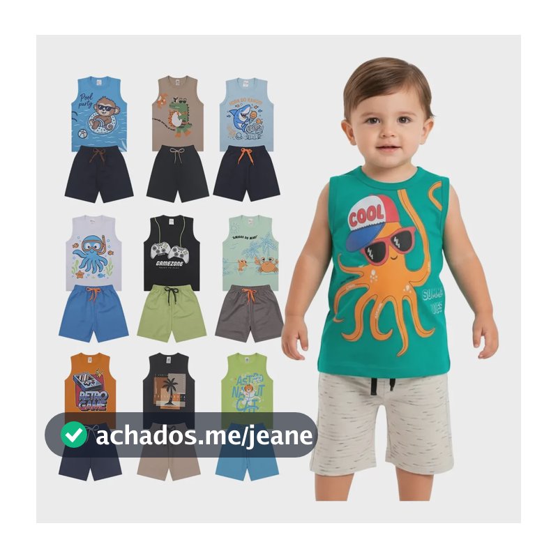 Combo 6 Peças De Roupas Bebê Menino Regata Kit 3 Conjuntos Sortidos 2 - Veste 1 Ano