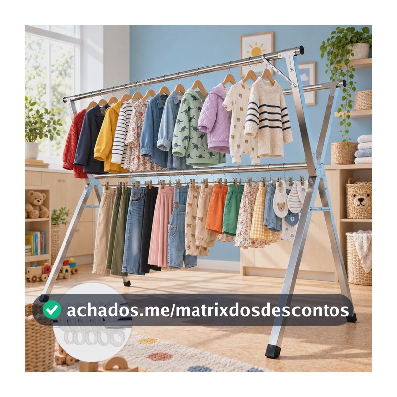 Varal De Chão Roupas Dobrável Grande Aço Inoxidável Hikuca Prateado