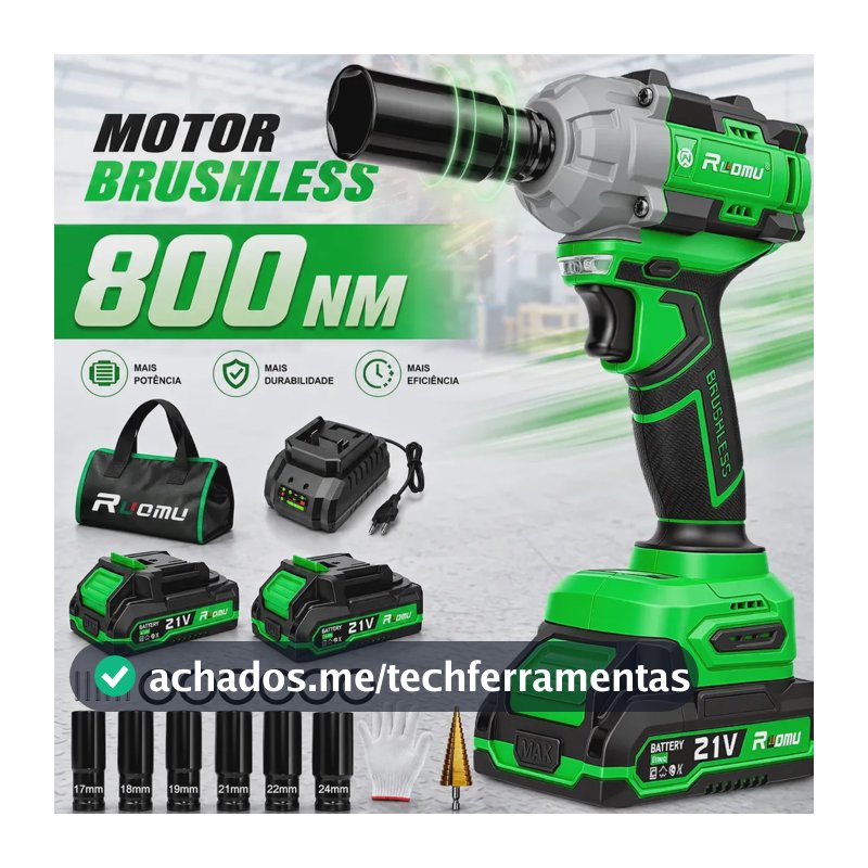 Chave de Impacto a Bateria 800Nm Brushless com 2 Baterias