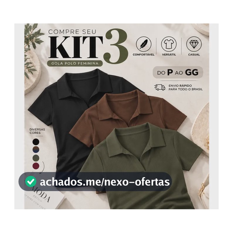 Kit 3 Blusa Feminina Gola Polo Canelada Básica Casual Lisa Preto, Marrom E Verde Liso P/m (36/42)