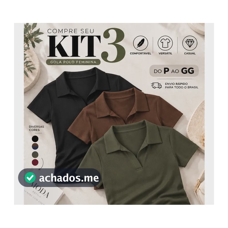 Kit 3 Blusa Feminina Gola Polo Canelada Básica Casual Lisa Preto, Marrom E Verde Liso P/m (36/42)
