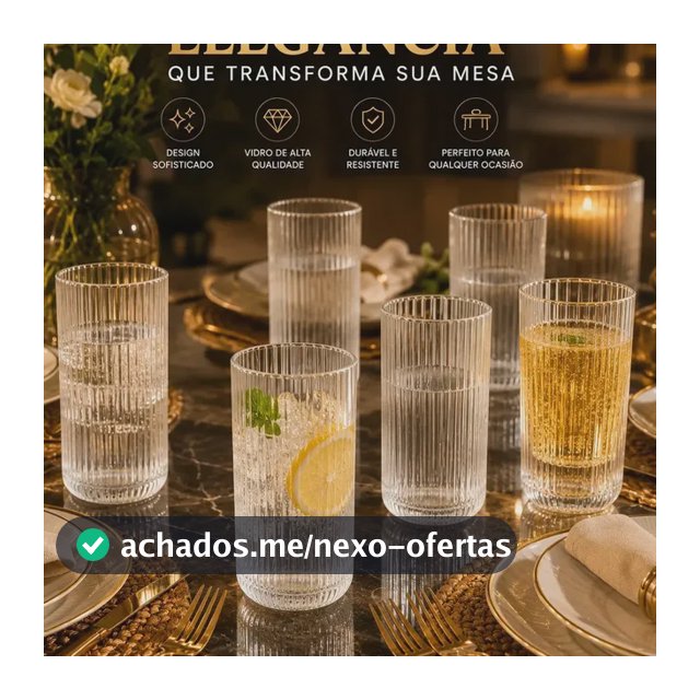Jogo 6 Copos Vidro Canelado 450ml Grande Premium Água Suco Refrigerante Whisky Gin Drinks Coquetel Cerveja Long Drink Moderno Elegante Mesa Posta Cozinha Restaurante Bar Pétalas Douradas